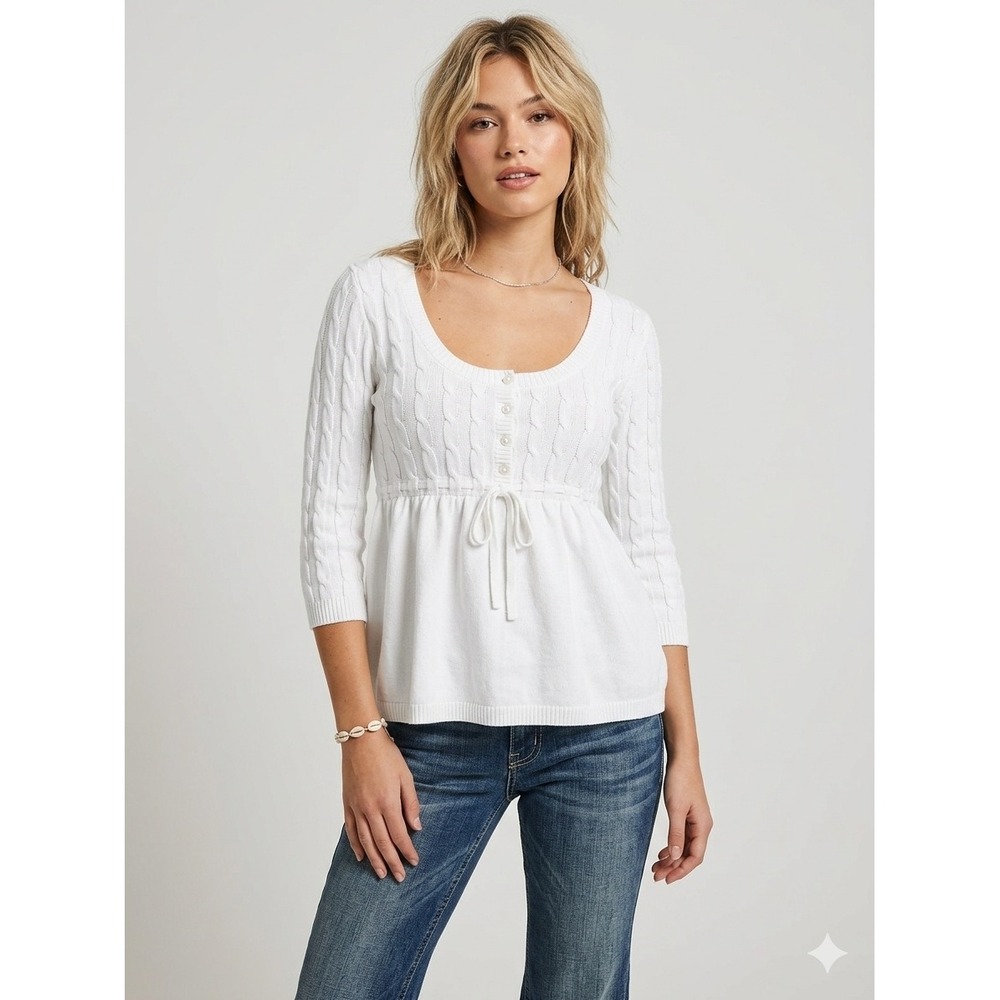 Hollister Y2K White Cable Knit Babydoll Sweater Top Button Scoop Neck Womens S